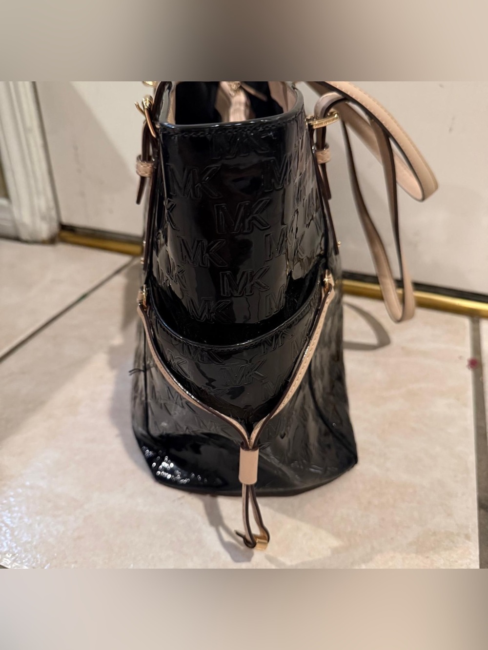 Michael Kors Black Patent Tote with Beige Trim and Dual Straps - Picture 3 of 9